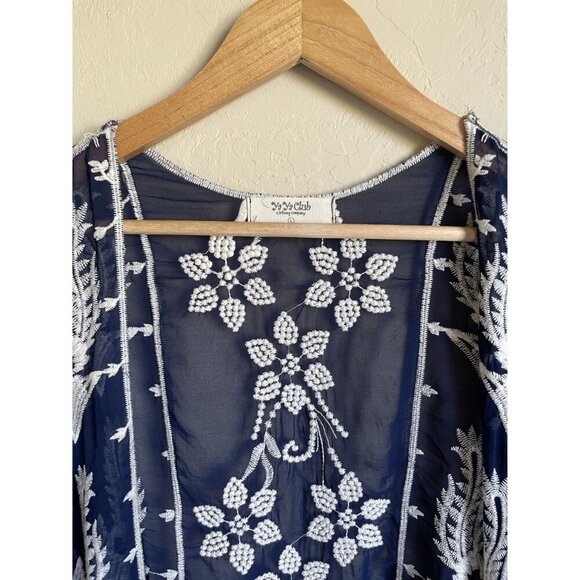 Ya Ya Club Navy Blue Cream Embroidered Floral Kimono Wrap Fringe Semi Sheer Size - Picture 3 of 8
